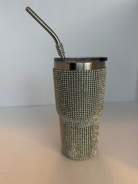 Silver Rhinestone Tumbler Luxury Bling Travel Mug Metal Straw Clear Lid New